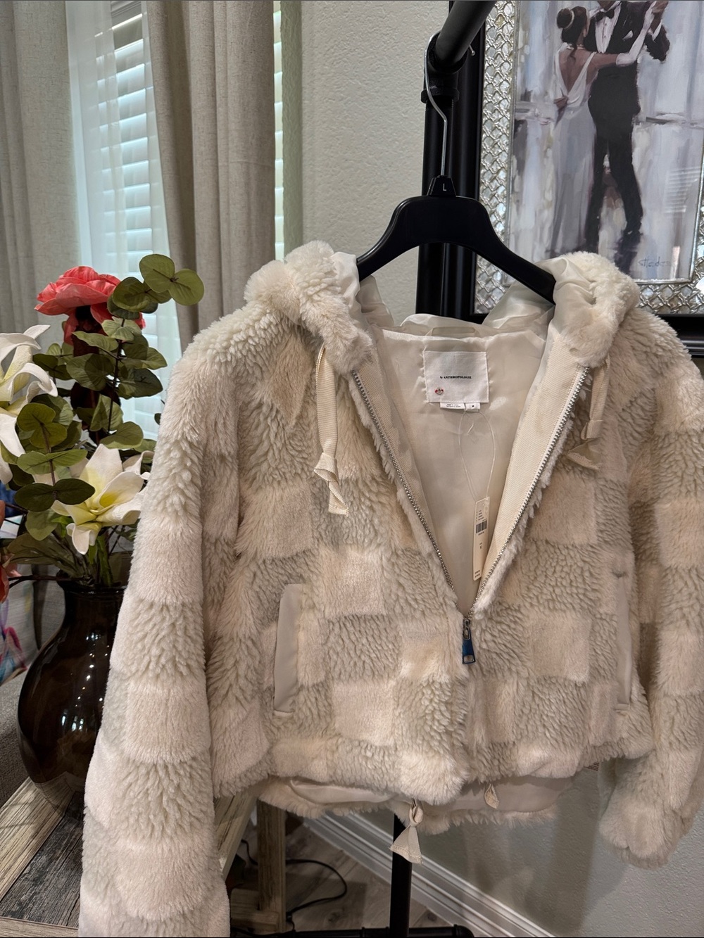 Anthropologie Cream Checkerboard Hooded Faux-Fur Jacket